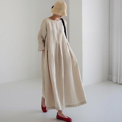 Plus Size Loose Cotton & Linen Dress - Japanese/Korean Style, Round Neck, Knee-Length, Solid Color, Swing Skirt