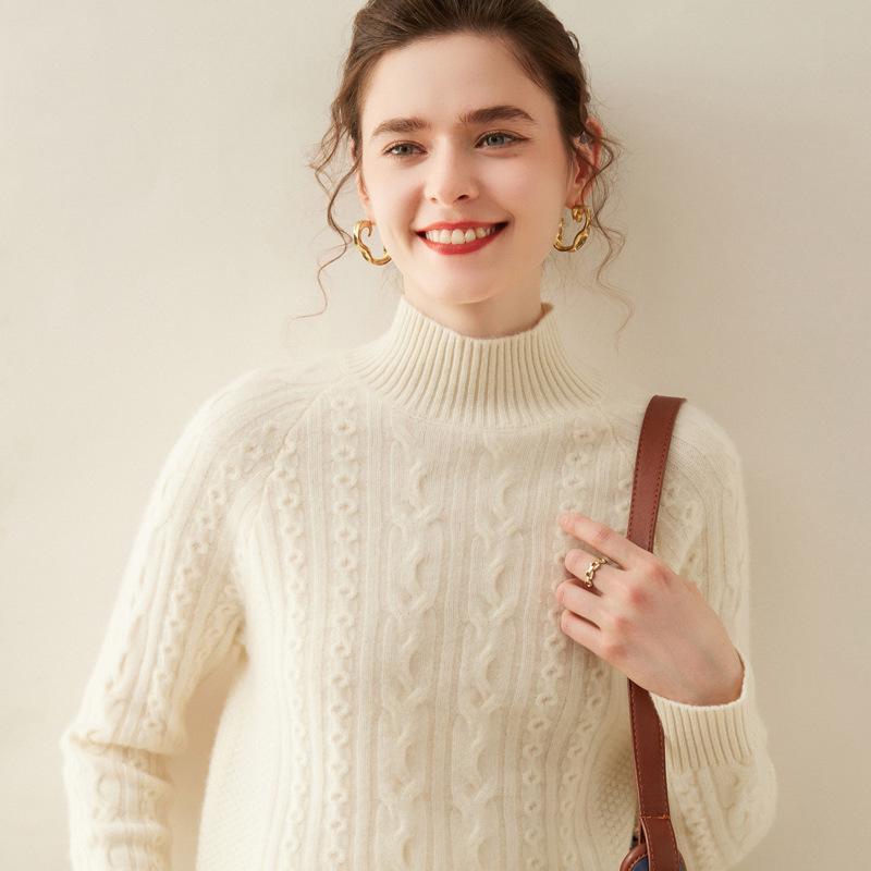 Damski modny kaszmirowy sweter z półwysokim dekoltem, warkoczowy, raglanowy