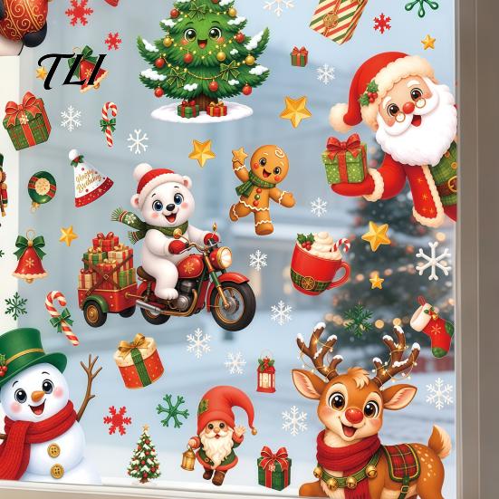 Santa Claus Snowman Stickers 6Pcs Christmas Window Cling, Penguin Reindeer Static Glass Cute Cartoon Adhesives Decals for Storefront, No Glue Reusable