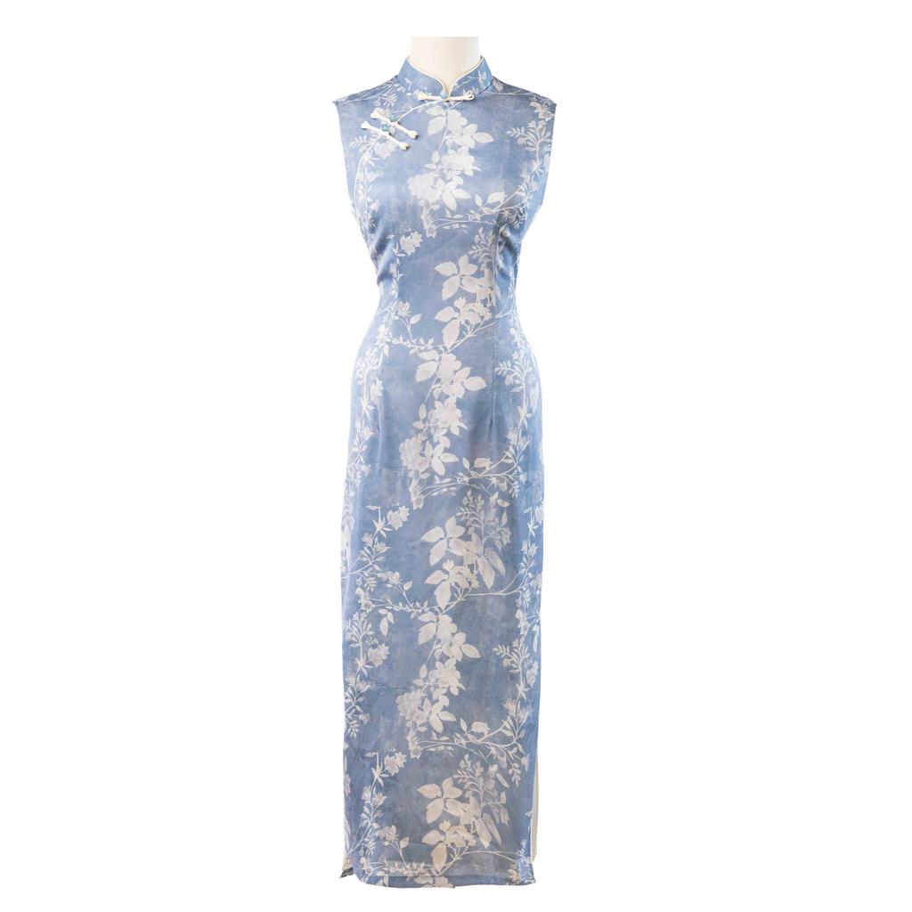 Retro National Style Blue Jacquard 1 New Sleeveless Cheongsam Improved, Thin Waist Daily Young Long Dress