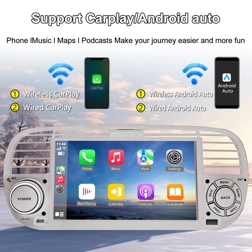7" Android-Autoradio für FIAT 500 2007-2015 Multimedia-Player GPS-Navigation Autoradio Unterstützung Carplay BT DAB OBD2 TPMS