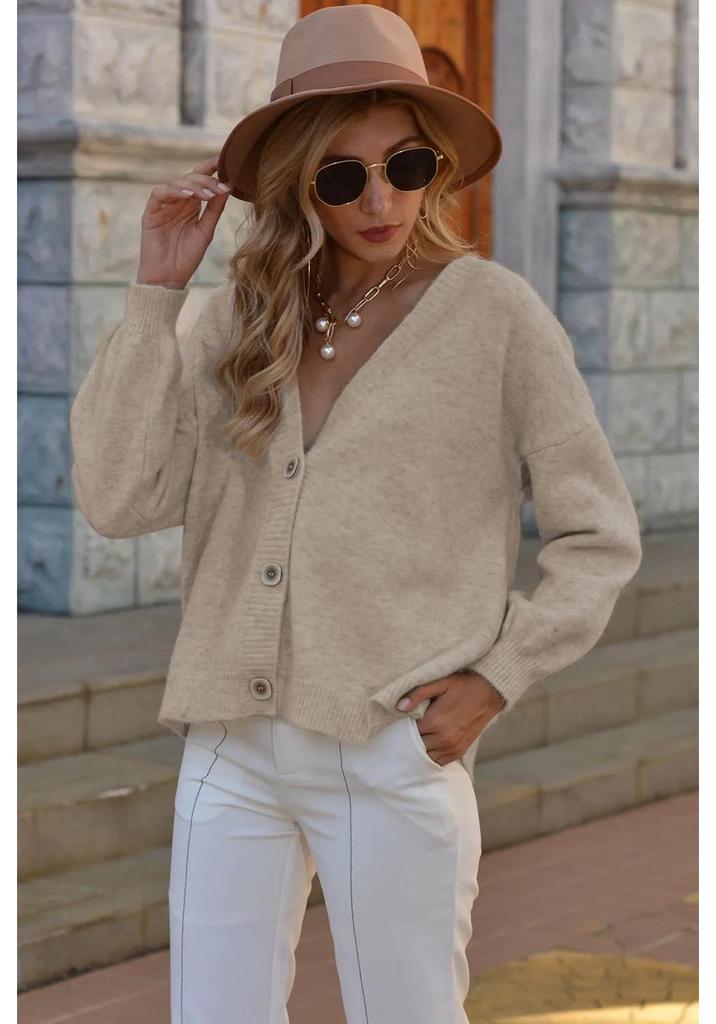 Neuer lässiger Strick-Cardigan mit V-Ausschnitt - Einfarbiges Damen-Oberteil für Herbst/Winter