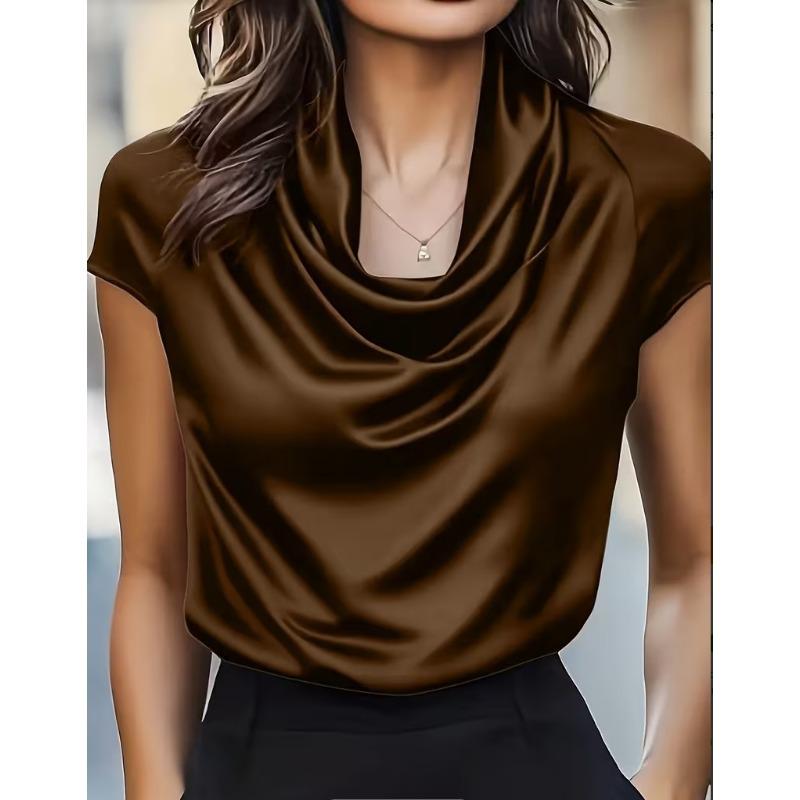 Spring Autumn Women's Satin Cowl Neck Blouse Short Sleeve Elegant Casual Work Top
