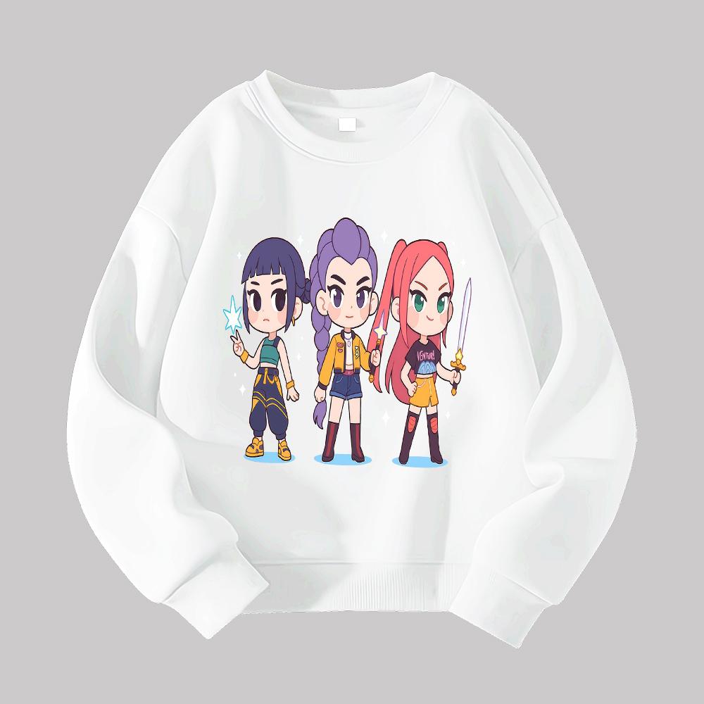 Demon Hunter Cute Anime Girl Trio Print Round Neck Sweatshirt Casual Loose Pullover for Women Teenagers