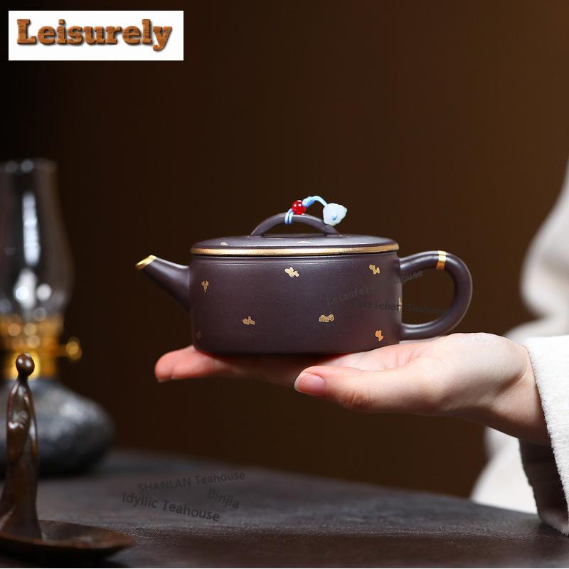 200ml Yixing Purple Clay Teapot Handmade Sprinkle Gold Large Caliber Pot Raw Ore Purple Zhu Mud Kettle With Strainer Zisha Tea