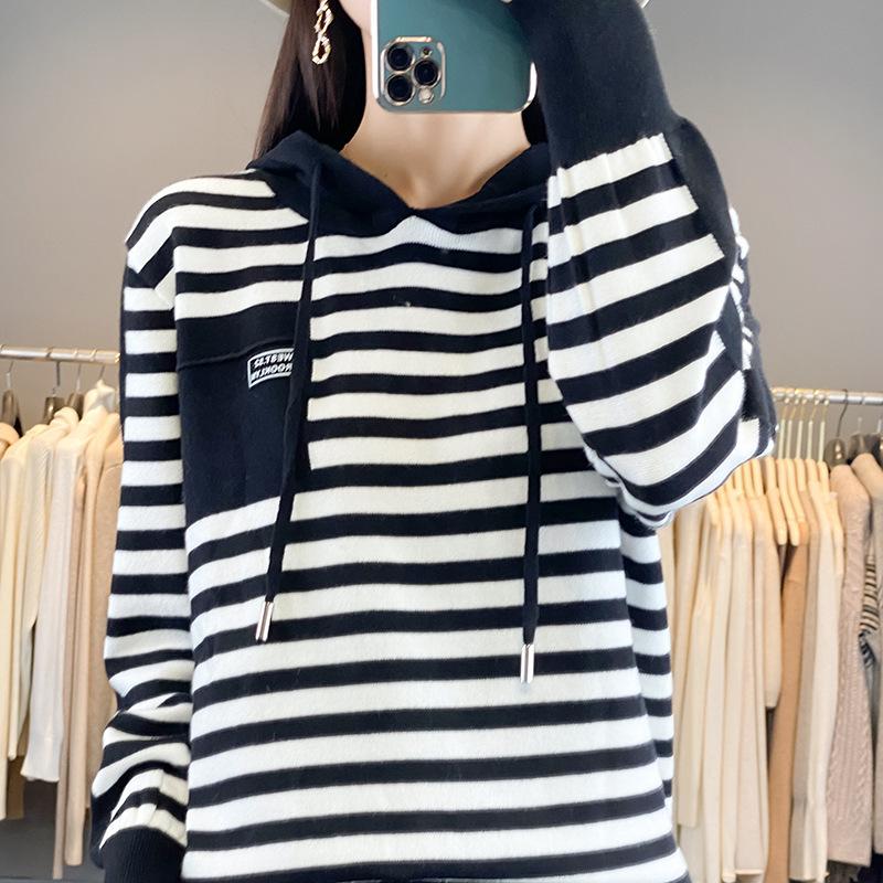 Autumn Fashion Hooded Sweater Women's Striped Colorblocking Casual Hooded Knit Top