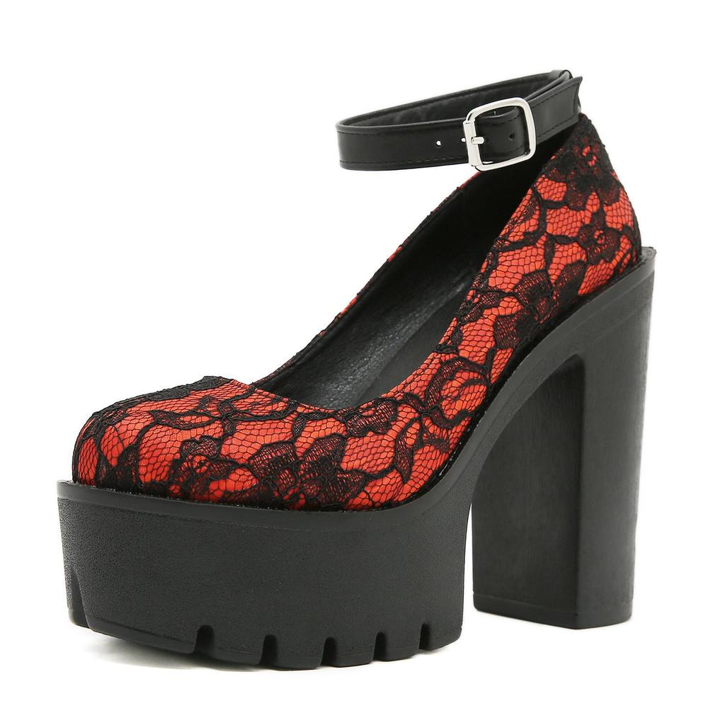 Gdgydh Red Wedding Mary Janes Women Shoes with Lace Aankle Strap Waterproof Platform Pumps High-Heeled Shoes Round Toe