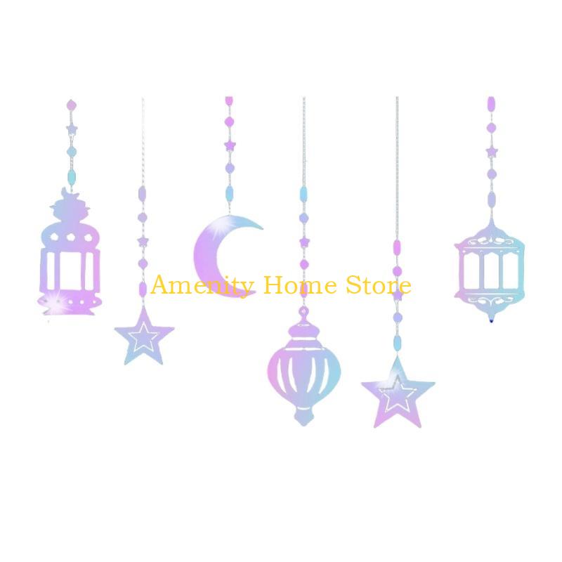 

F26C 6Pcs Eid Mubarak Islamic Muslims Party Supplies Glittering Banners Star Moon Hanging Ornaments Ramadans Festival Decors