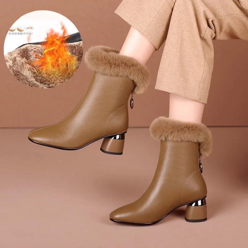 

Короткі гумові гумові зимові квадратні чоботи Pu чоботи із замшею на блискавці ззаду Модні гострі чоботи на середньому каблуці (3-5 см) 40 коричневий