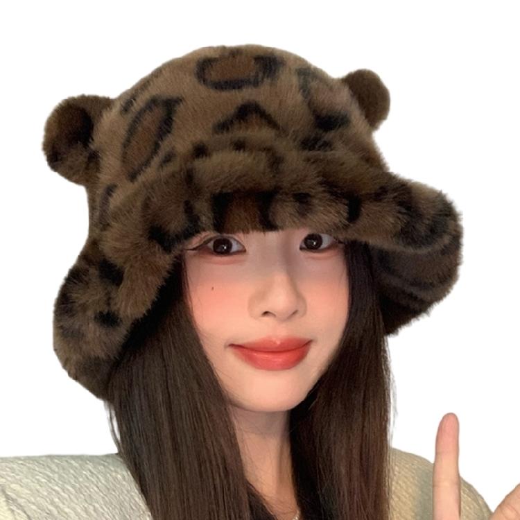 

Trendy Leopard Pattern Headwear with Ear for Hiking Camping Furry Caps Leopard Novelty Hat for Outdoor Sports and Casual кавовий