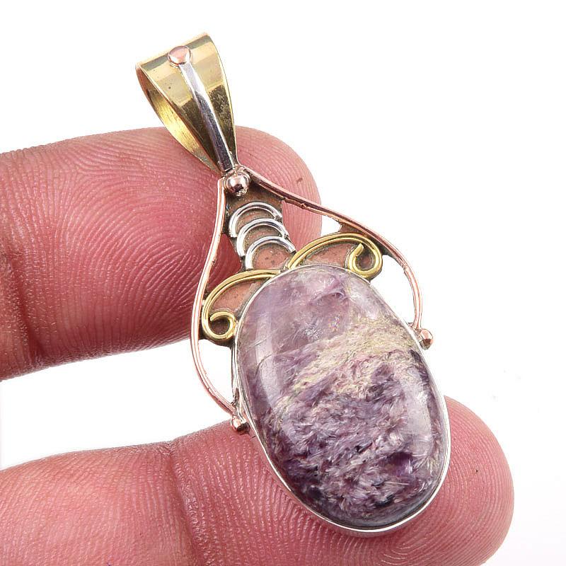 

Natural Charoite Gemstone 925 Solid Sterling Silver Two Tone Pendant 1.75 g3l74