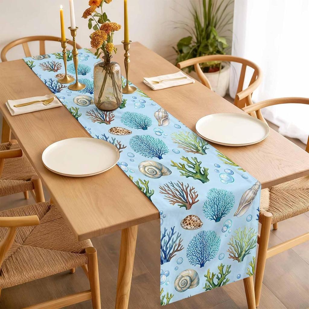 Summer Blue Coral Coastal Linen Table Runner Party Decor Reusable Farmhouse Kitchen Dining Table Runner Wedding Decorations