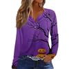 Women's Long Sleeve V-Neck T-Shirt with Button and Halloween Print Casual Top