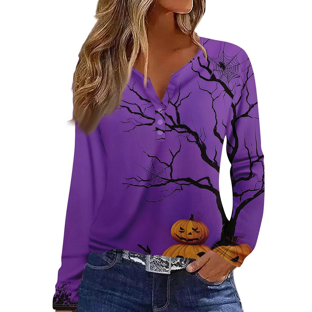 Women's Long Sleeve V-Neck T-Shirt with Button and Halloween Print Casual Top