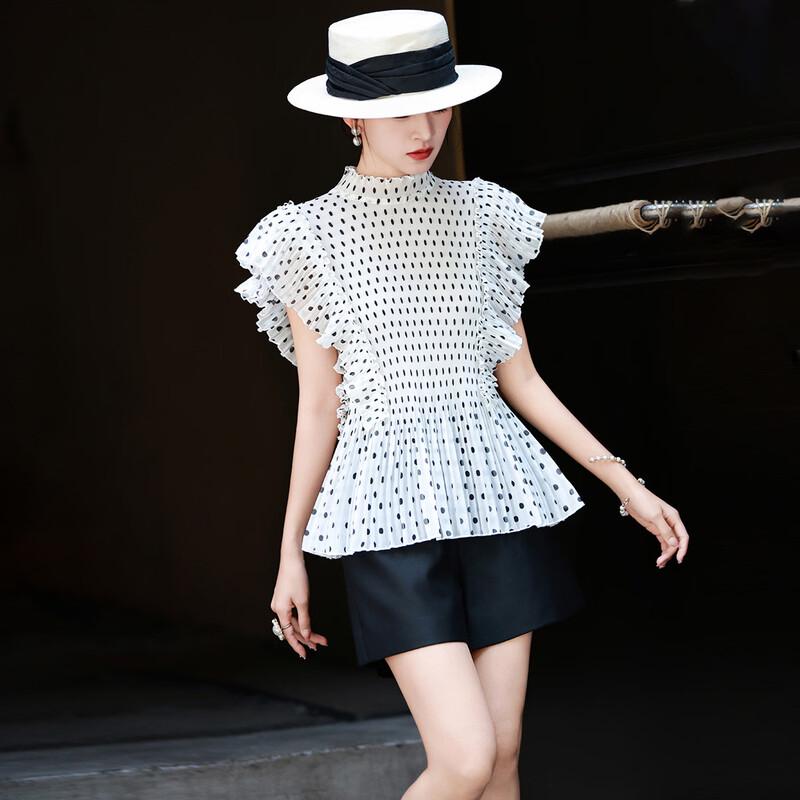 Women s Elegant Polka Dot Pleated Short Sleeve Blouse One Size
