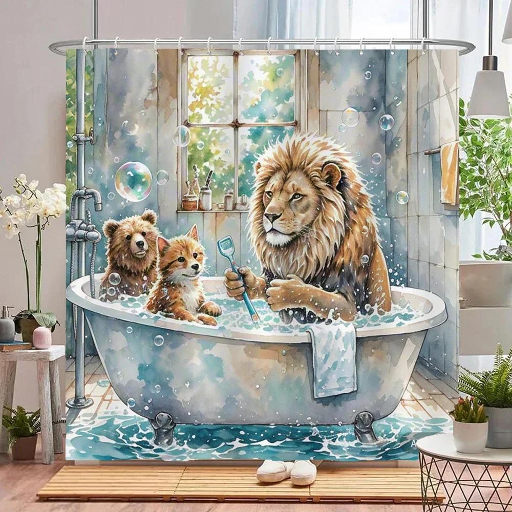 Amusing and creative animal shower curtain waterproof bathroom curtain funny bathing Lion, tiger and bear partition bath curtain