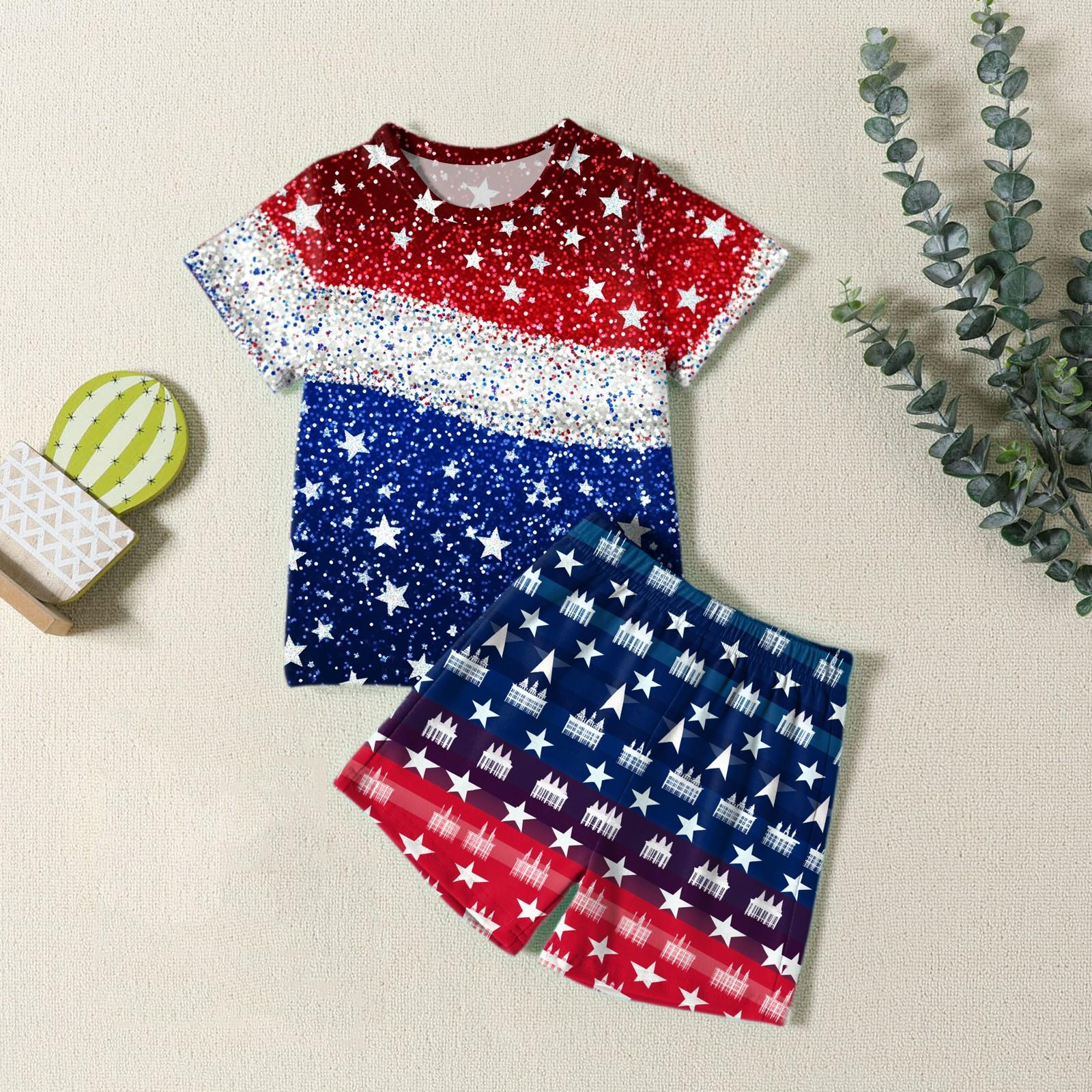 

Boys Girls Fashion Casual Round Neck Short Sleeve T-Shirt Shorts Independence Day Set 100 синій