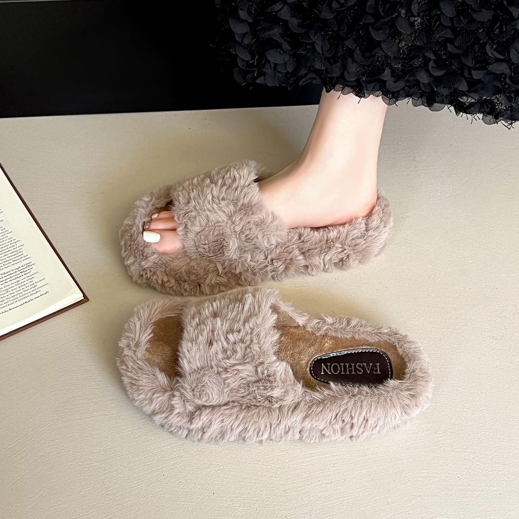 2025 Autumn Wool Slippers Women's Daily Adult Slippers Korean Version Student Flat Heel Beach Shoes Outer Slippers