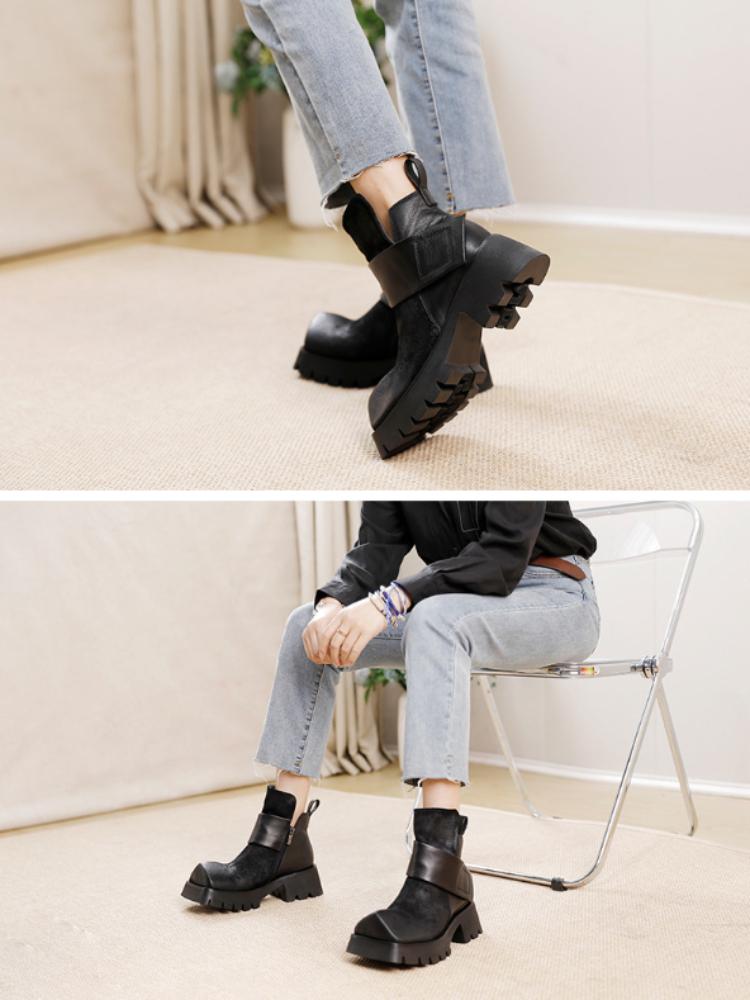 Johnature Genuine Leather Square Toe Short Boots Retro Thick Sole Thick Heels Women's Shoes