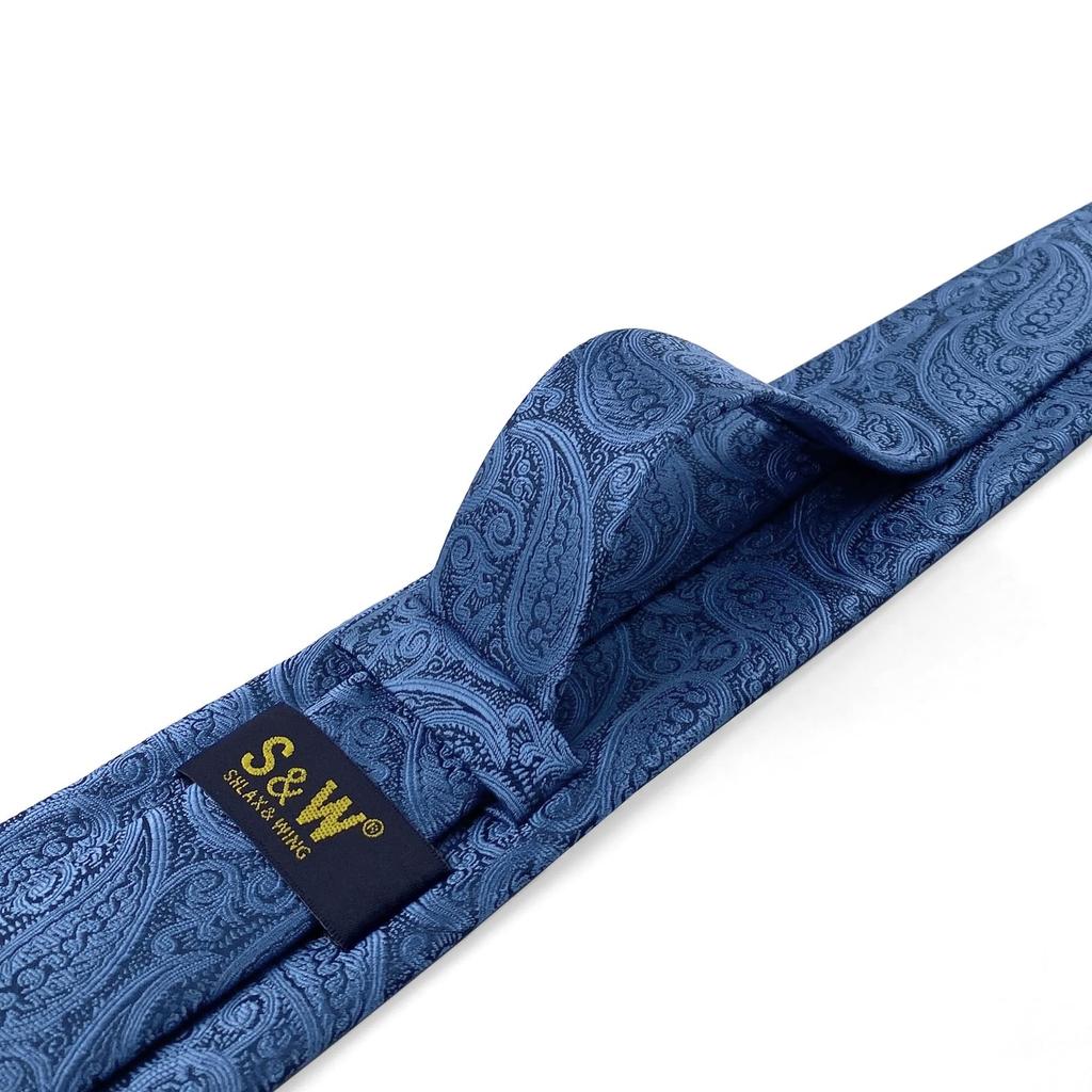 [S&W SHLAX&WING] Herren-Krawatten-Set, Paisley Denim Blau, Einstecktuch, Anzugjacke, Formelles Accessoire, Klassisch, 147cm