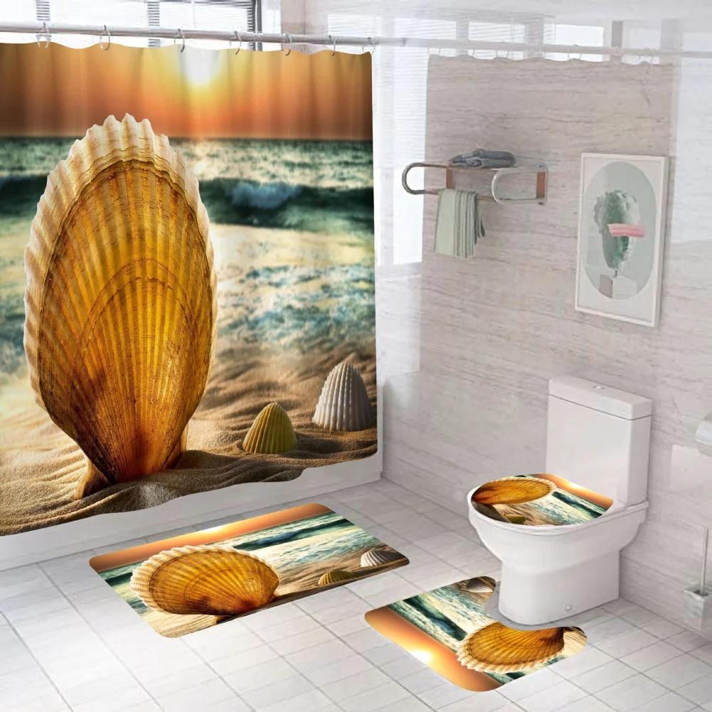 4pcs Beach Shells Shower Curtains Set Summer Waterproof Shower Curtain Anti-slip Mat Toilet Cover Set Marine Style Bathroom Deco