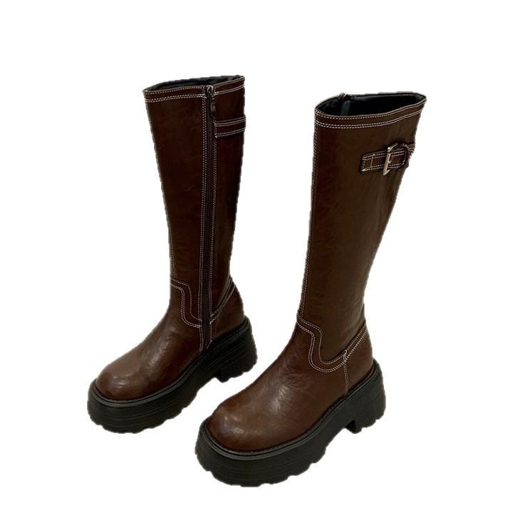 British style thick-heeled knight boots women's 2025 autumn new retro and thin versatile thick-soled belt buckle fashion boots