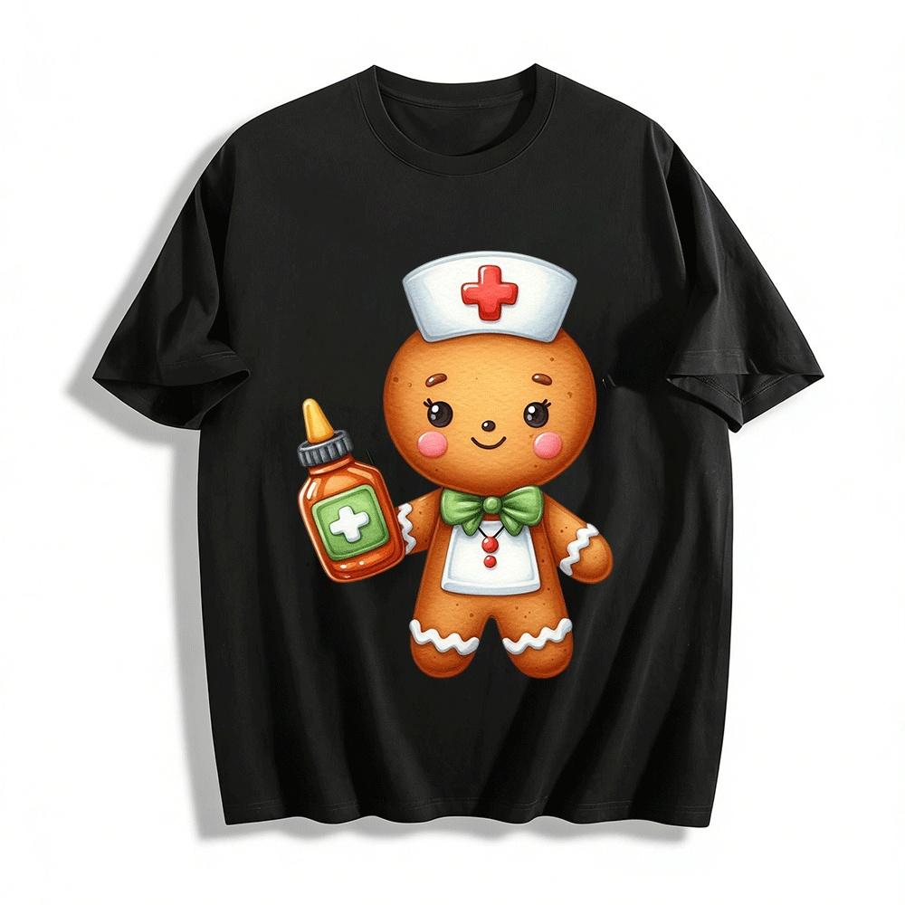 Cute Gingerbread Nurse Print Top Casual Cozy Winter Tees Pure cotton T-shirt XXS