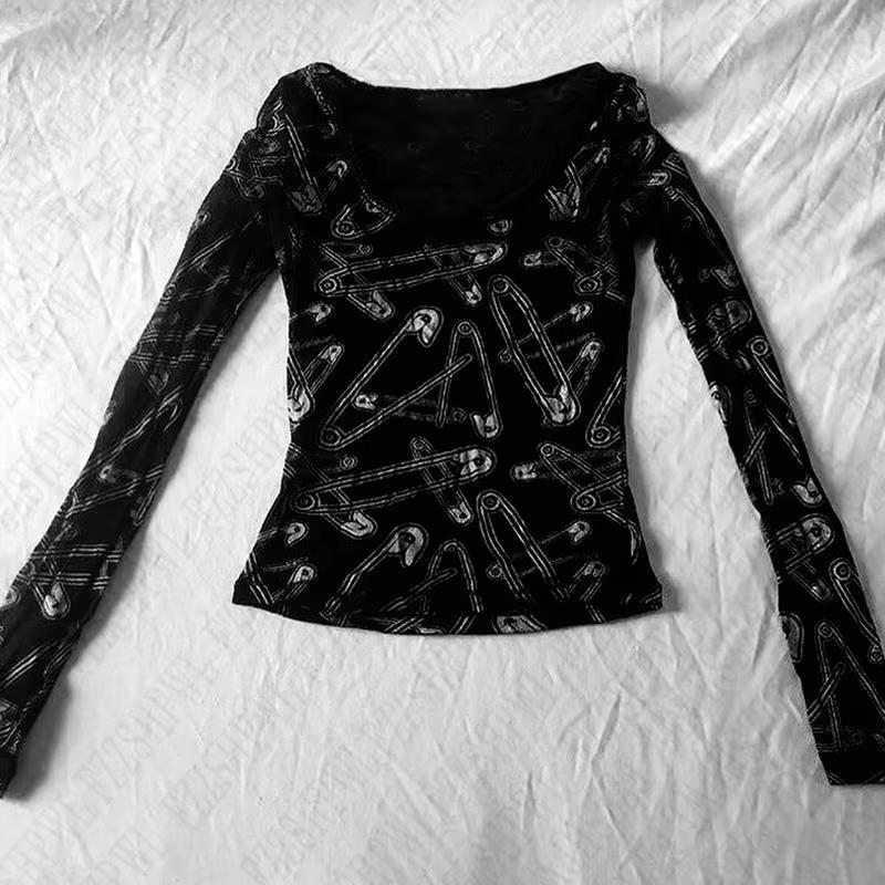 Lace Aesthetics Graphic Print Casual Gothic Y2k Casual Retro Spicy Girls Hip Hop Crop Top Punk Streetwear Long Sleeve T-shirt