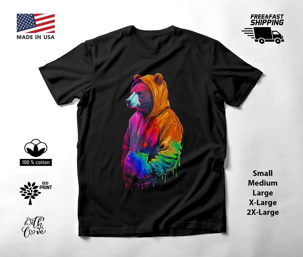 Bear in a Hoodie Neon Graphic T-Shirt Black Unisex S-2XL