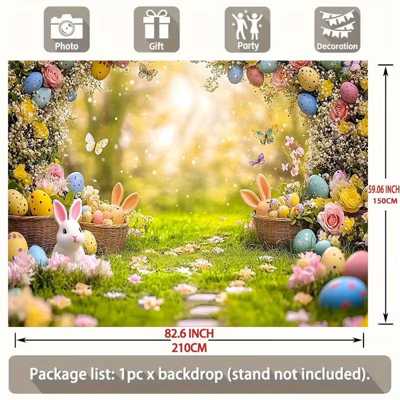 2D Easter Photo Booth Backdrop, Floral Garden with Cute Bunnies & Colorful Eggs Background