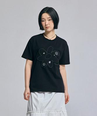 AWESOME STUDIO Flower Patchwork Short Sleeve T-Shirt Black