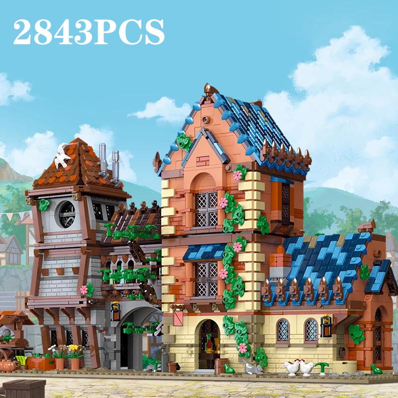 Non-Toxic 2843Pcs Medieval Tavern Building Block Creative City Street View Moc Model Bricks Creative Desktop Ornaments Toys Gifts For Kids