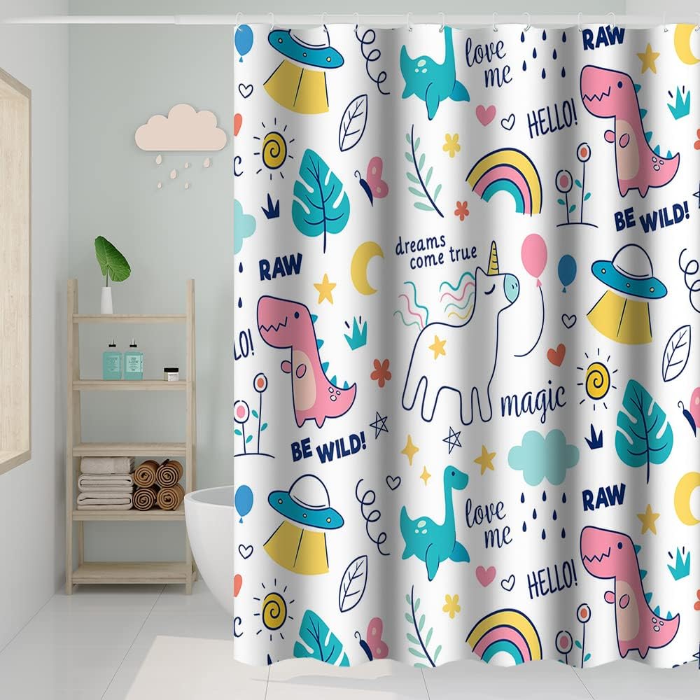 Cartoon Dinosaur Shower Curtains Colorful Cute Dino Funny Animals Pattern for Kids Neutral Shower Curtain Waterproof Fabric