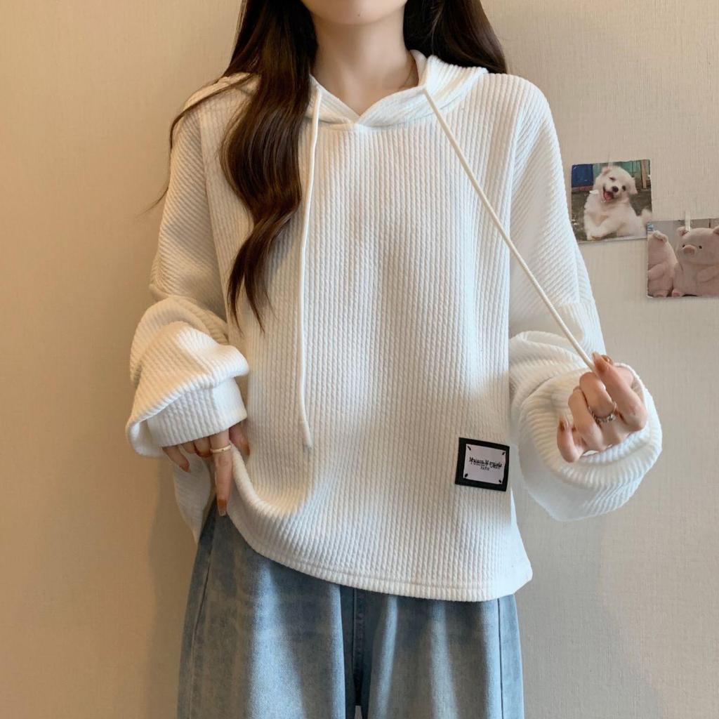 Women's Plus Size Ribbed Hoodie, Long Sleeve, 2025 Autumn/Winter, Korean Style, Loose, Slimming, Versatile, Warm Top