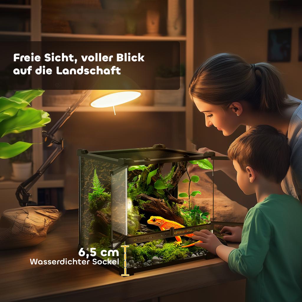 Glas-Terrarium für Reptilien mit Steinrückwand, Frontbelüftung, Ausbruchsicheres Drehknopfloch, 30 x 30 x 30 cm, Schwarz