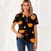 Women's Casual Halloween Print V Neck Short Sleeve Button Detail T Shirt Top Suitable for Everyday Wear and Seasonal Events