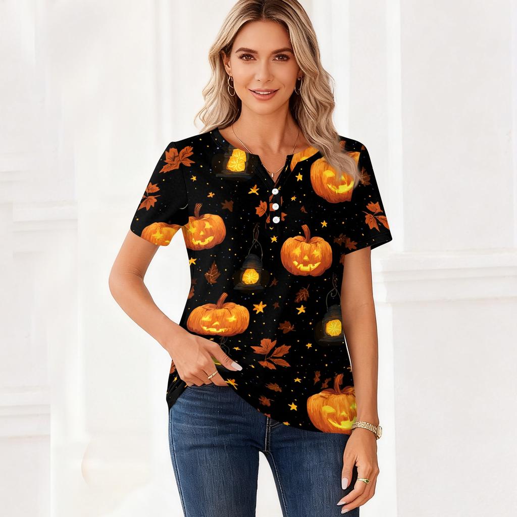 Women's Casual Halloween Print V Neck Short Sleeve Button Detail T Shirt Top Suitable for Everyday Wear and Seasonal Events
