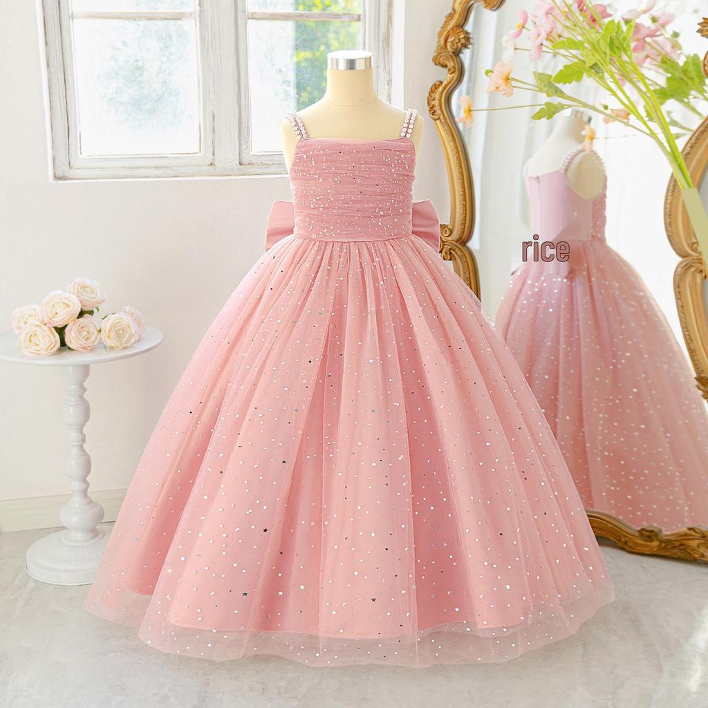 Children's Spaghetti Strap Sequin Flower Girl Dress - Puffy Tulle Skirt with Bow, Princess Gown for Weddings & Performances