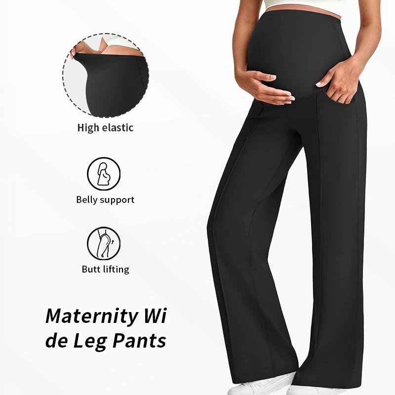 High Waist Maternity Pants,High Elastic Breathable Straight Wide Leg Trousers With Belly Support,No Tight Pressure On Abdomen For Pregnant Women