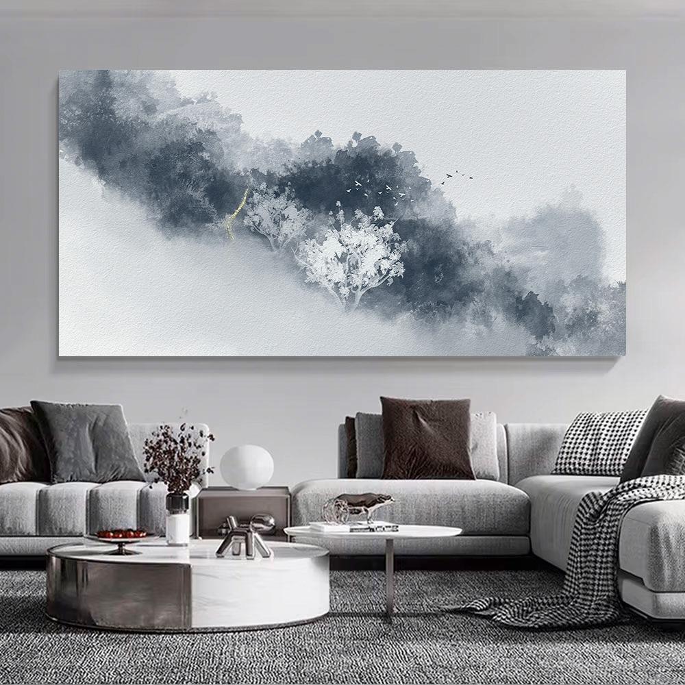 Black And White Tree Painting Fog Forest Mountain Canvas Art Poster Natural Landscape Print Wall Pictures Home Decor