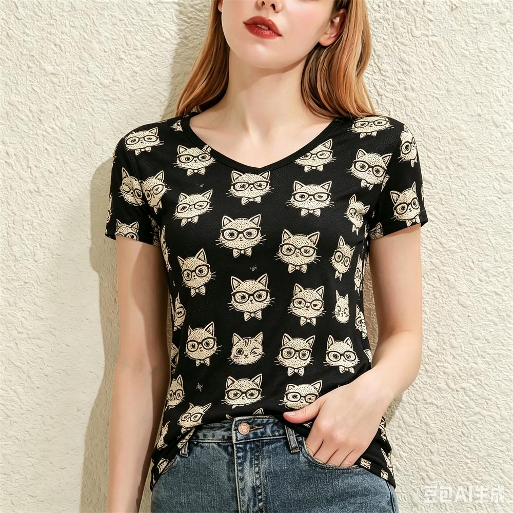 Cute Animal Printed Women's T-Shirts Fashion V-neck Short Sleeve Tees Casual Loose Comfortable Tops Summer Trend Female Clothing