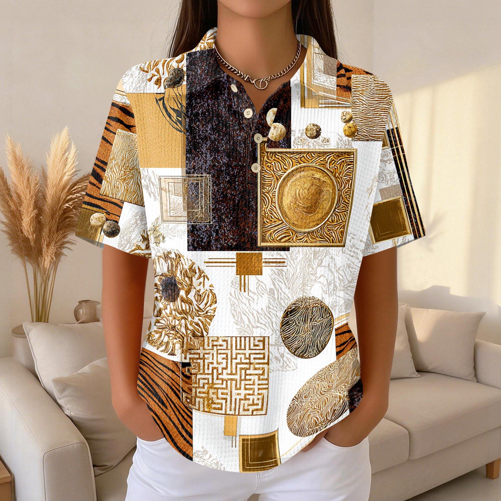 

Women’s Short Sleeve Polo Collar Knit Top with Vintage Floral Print Casual Loose Fit Button Front Shirt XXXL коричневий