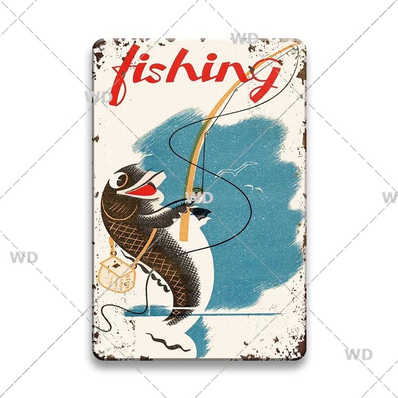 Funny Fishing Metal Tin Sign Retro Vintage Plaque Metal Poster Go Fishing Lover Gift Plate For Men Cave Fishing Home Wall Decor