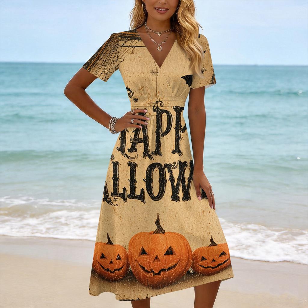 Women's Casual V Neck Short Sleeve Dress Halloween Ghost Print Knee Length Dress Lightweight Comfortable Fit for Everyday Wear
