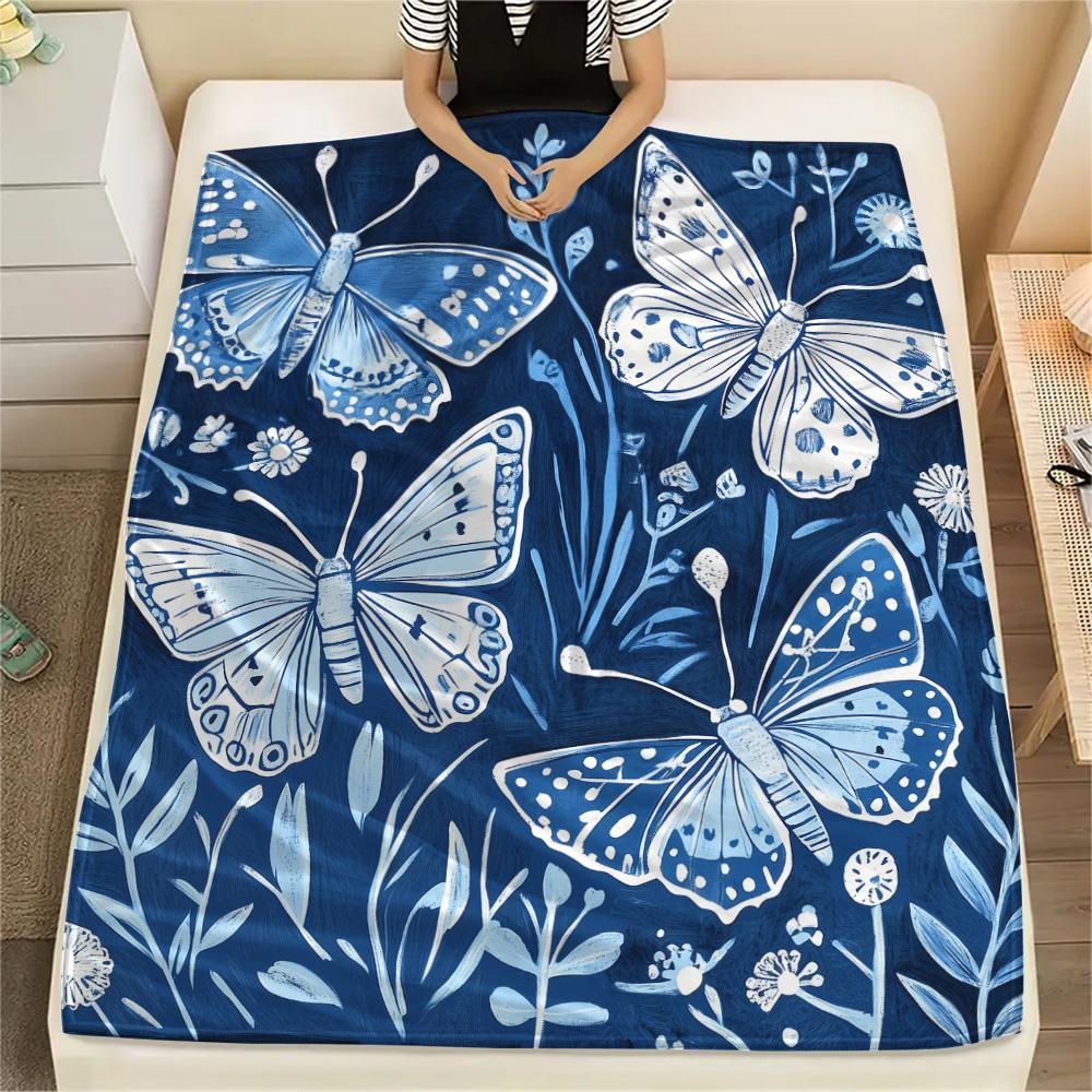 Blue and White Butterflies Print Flannel Blanket, High quality Comfortable for All Seasons, Home Decor, Warmth and Comfort