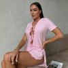Summer Women short sleeve crop top and shorts 2 Piece Set Pajamas female casual slim Hollow lace up Sleepwear pink Cardigan Pyamas Set homewear