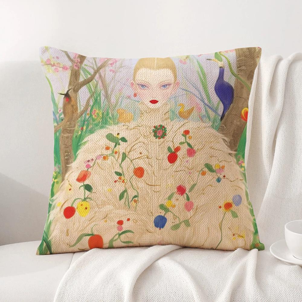 Fashion Illustration Cushion Cover Natural Linen Organic Fabric DoubleSided Printing Sofa Home Decor Breathable Bed Pillow