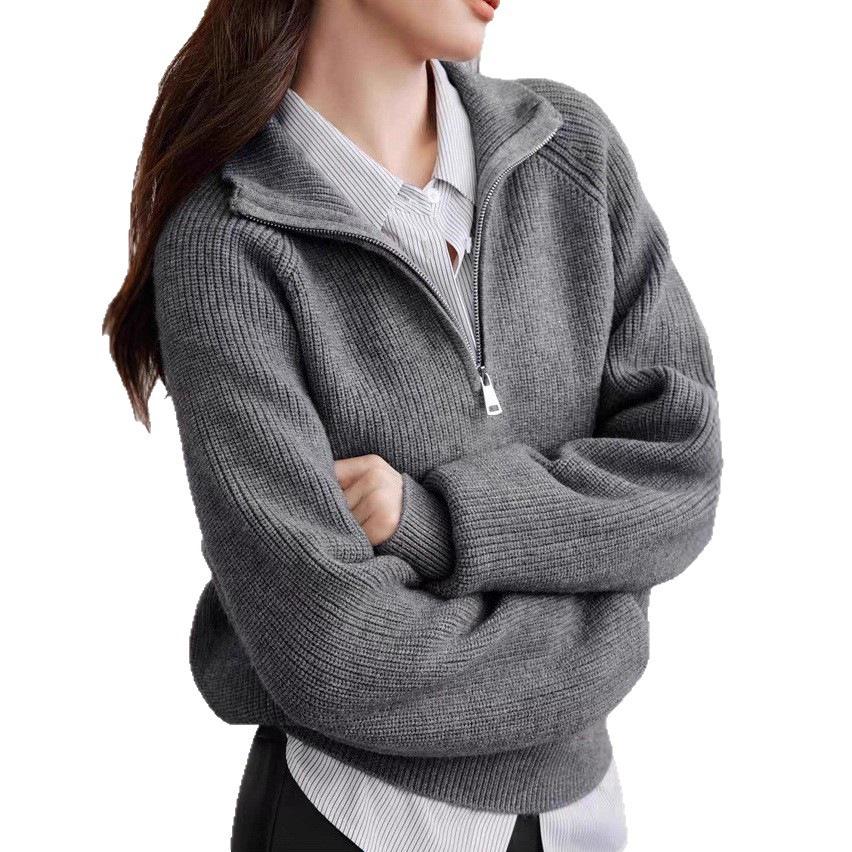 2026 Autumn/Winter Women's Casual Loose Half-Zip Textured Knit Top