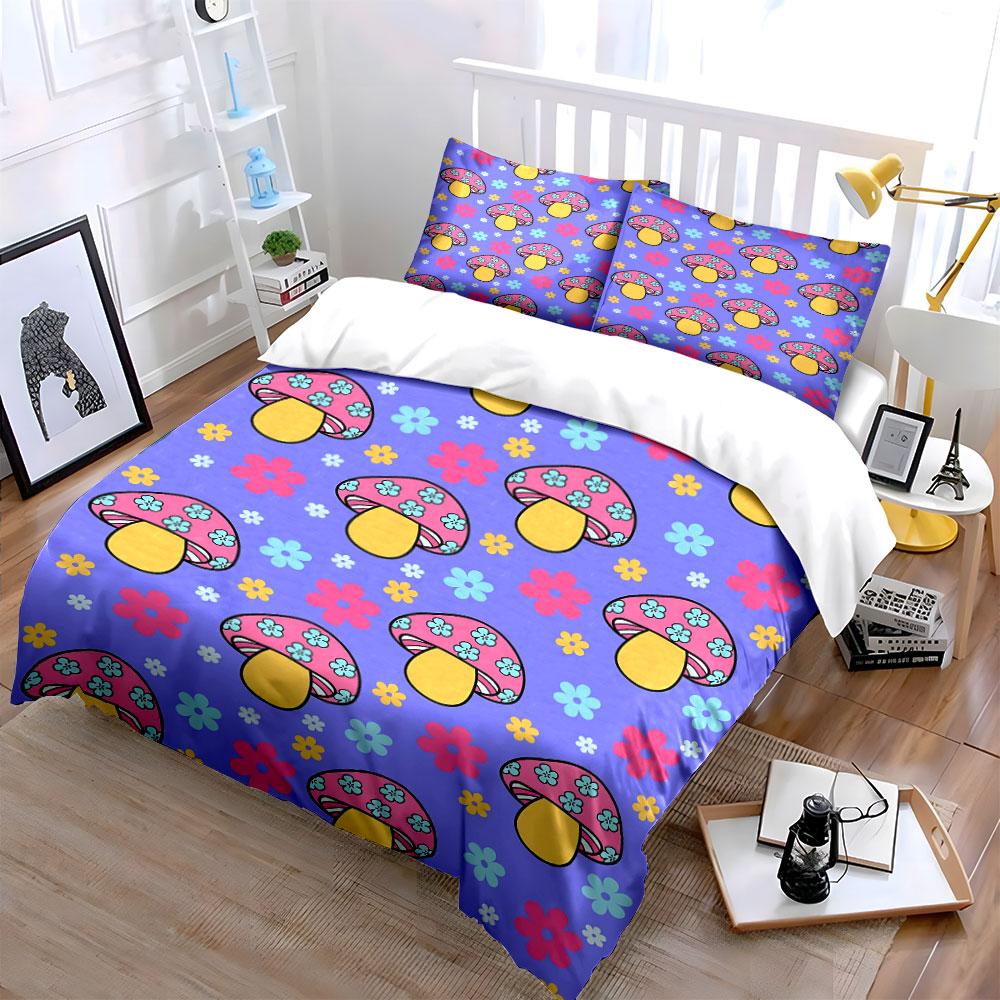Mushroom and Floral Print Set Bedding Duvet Cover Set Duvet Cover Pillowcases  (1 * Duvet Cover 2 * Pillowcases, Without Duvet Insert)