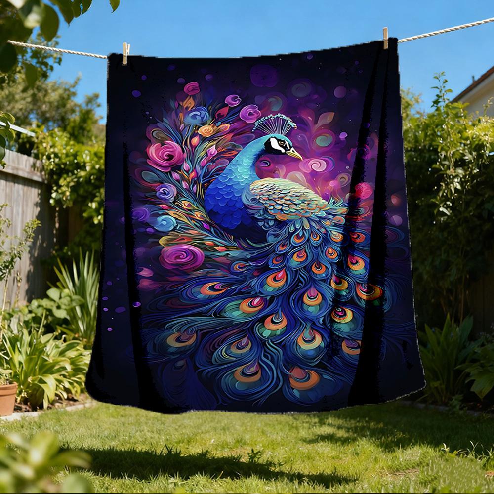 1pc Peacock Feather Print Outdoor Blanket, Lightweight Polyester, 80x120cm